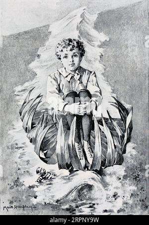 La foglia di palma si arricciò i bordi lontano dall'acqua e fece una barca deliziosa per Richard." Scopi incrociati illustrati da Maud Humphrey, dal libro per bambini ' The light Princess, and Other Fairy Tales' di George MacDonald, 1824-1905 Publisher, New York ; Londra : i figli di G. P. Putnam 1893 George MacDonald (10 dicembre 1824 – 18 settembre 1905) sono stati uno scrittore, poeta e ministro congregazionale scozzese. Divenne una figura pionieristica nel campo della letteratura fantasy moderna e il mentore del collega scrittore Lewis Carroll. Oltre alle sue fiabe, MacDonald scrisse diverse opere Foto Stock