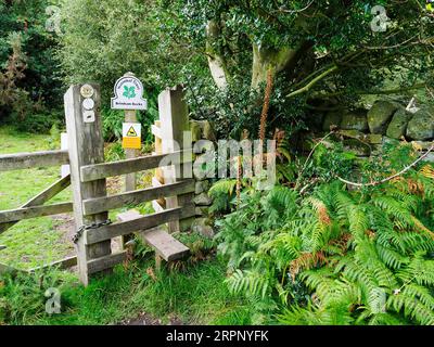 Stile dove la Nidderdale Way entra a Brimham Rocks vicino a Summerbridge Nidderdale North Yorkshire Inghilterra Foto Stock