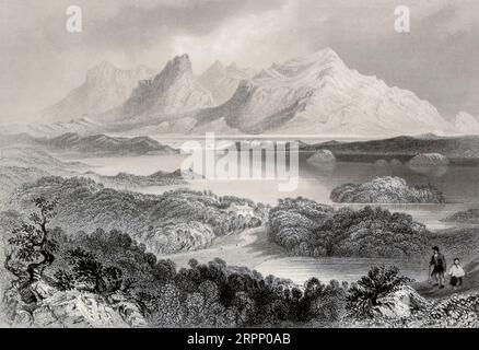 Garromin Lake, nella regione del Connemara della contea di Galway, The Scenarios and Antichities of Ireland di Bartlett, W. H. (William Henry), 1809-1854, Illustrator.volume 1. Editore Londra : G. Virtue 1842 William Henry Bartlett (Londra, 26 marzo 1809 – Londra, 13 settembre 1854) è stato un artista britannico, meglio conosciuto per i suoi numerosi disegni trasformati in incisioni in acciaio. Foto Stock