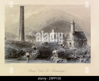 Round Tower Glendalough County Wicklow Irlanda incisione in acciaio dal paesaggio e antichità dell'Irlanda di Bartlett, W. H. (William Henry), 1809-1854, Illustrator.volume 2. Editore Londra : George Virtue 1842 William Henry Bartlett (Londra, 26 marzo 1809 – Londra, 13 settembre 1854) è stato un artista britannico, meglio conosciuto per i suoi numerosi disegni trasformati in incisioni in acciaio. Foto Stock