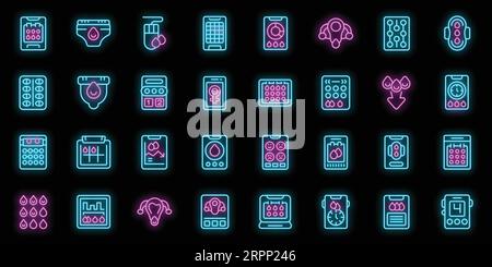 App per le icone mestruali Imposta il vettore di contorno. Indicatore periodo. Colore neon donna PMS su nero Illustrazione Vettoriale