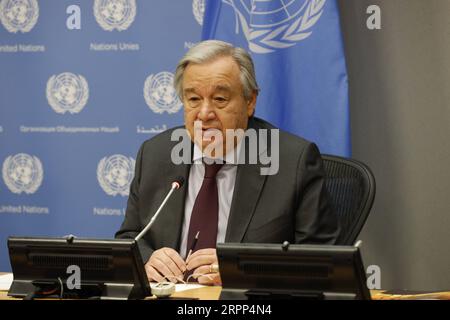 200310 -- NAZIONI UNITE, 10 marzo 2020 -- il Segretario generale delle Nazioni Unite Antonio Guterres parla al lancio della dichiarazione WMO dell'Organizzazione meteorologica Mondiale sullo stato del clima globale nel 2019, presso la sede delle Nazioni Unite a New York, il 10 marzo 2020. Il decennio del 2010-2019 è stato il più caldo mai registrato, e il 2019 è stato il secondo anno più caldo di sempre, secondo un rapporto dell'Organizzazione meteorologica Mondiale WMO. UN-WMO-REPORT-DECADE-WARMEST ON RECORD XIEXE PUBLICATIONXNOTXINXCHN Foto Stock