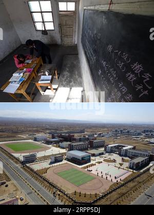 200311 -- GULANG, 11 marzo 2020 -- la foto di combinazione mostra il vecchio aspetto della classe della Wangjiashui Primary School nella contea di Gulang, il 21 aprile 2016 in su e il nuovo campus scolastico in una città trasferita nella contea di Gulang, il 10 marzo 2020 in giù, nel nord-ovest della provincia di Gansu della Cina. La contea di GuLang, situata ai piedi dei monti Qilian, è un'area povera. Dal 2013, il governo locale ha spostato dozzine di villaggi amministrativi nelle montagne povere meridionali nell'area di migrazione ecologica di Huanghuatan attraverso l'attuazione delle pianificate delocalizzazioni di popolazioni povere Foto Stock