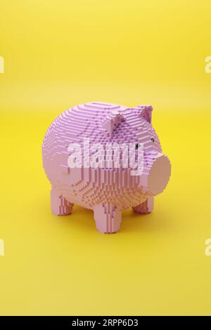 Stile Piggy Bank pixel art isolato su sfondo giallo. illustrazione 3d. Foto Stock