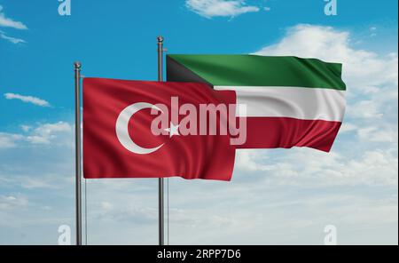 La bandiera del Kuwait e della Turchia sventolano insieme nel vento sul cielo blu, concetto di cooperazione tra due paesi Foto Stock
