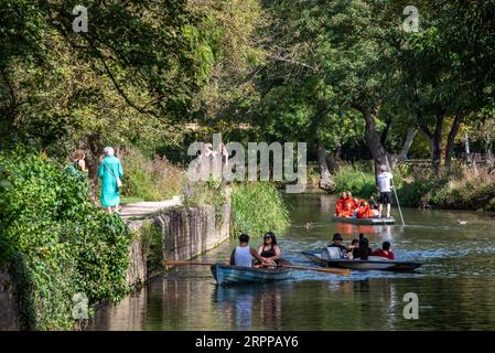 Meteo Regno Unito: Oxford, Regno Unito, 5 settembre 2023. Durante il clima caldo della tarda estate, la gente si gode un piacevole pomeriggio di punting sul fiume Cherwell nel centro di Oxford, Regno Unito. Il punting è una tradizione di Oxford apprezzata da gente del posto, studenti e visitatori. Crediti: Martin Anderson/Alamy Live News Foto Stock