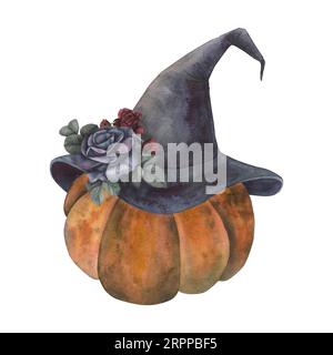 Zucca autunnale, cappello da strega con rose isolate su sfondo bianco. Acquerello disegno fantasia scuro disegnato a mano iIllustration. Art design mistico Foto Stock