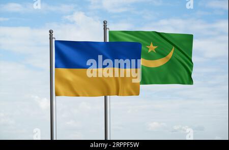 Bandiera della Mauritania e bandiera dell'Ucraina che sventolano insieme sul cielo blu, concetto di cooperazione tra due paesi Foto Stock