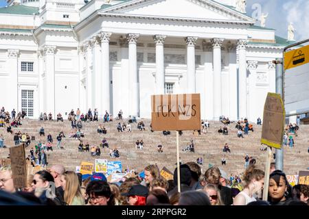 Manifestanti e cartelli di fronte alla Cattedrale di Helsinki durante la 'fine del silenzio!' manifestazione contro il razzismo e il fascismo. Foto Stock