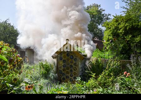 Londra, Regno Unito. 5 settembre 2023. Un incendio scoppiò in una struttura che serve a proteggere gli insetti nel St James's Park vicino al retro di Downing Street. Una persona è stata arrestata per sospetto incendio doloso. Credito: Vuk Valcic/Alamy Live News Foto Stock