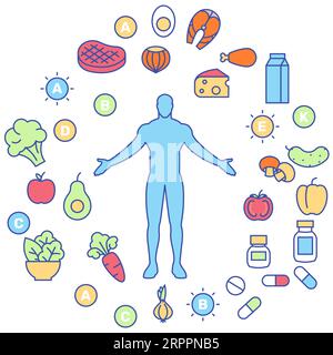 nutrizione sana ed equilibrata e integratori alimentari icone concetto, benessere, biohacking vitamina dieta e miglioramento della salute, vettore Illustrazione Vettoriale