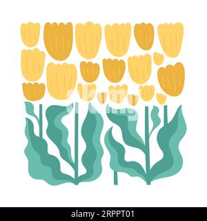 Stampa floreale astratta, arte murale, poster con campo di tulipani gialli. Grafica vettoriale di tendenza primaverile, modello di scheda, poster. Illustrazione Vettoriale