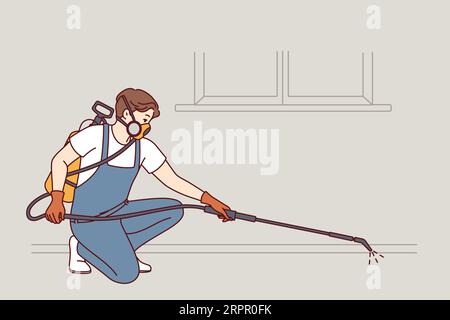 Uomo che fa il controllo dei parassiti utilizzando attrezzature di disinfezione e spruzzando liquido per uccidere gli insetti. Dipendente di società di pulizia in respiratore fa disinfezione di locali per sbarazzarsi di ratti e roditori. Illustrazione Vettoriale
