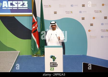 Il presidente designato della COP28 Sultan al Jaber parla durante il secondo giorno del vertice sul clima africano al Kenyatta International Conference Centre di Nairobi. (Foto di John Ochieng / SOPA Images/Sipa USA) Foto Stock