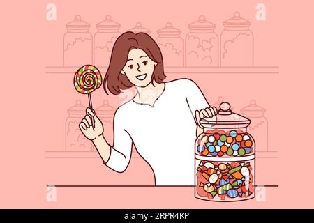 La donna acquista lecca lecca lecca-lecca al banco del negozio di dolciumi che offre deliziose caramelle per migliorare l'umore. Ragazza sorridente che tiene lecca lecca lecca, lavora in un negozio di caramelle per bambini o in un supermercato Illustrazione Vettoriale