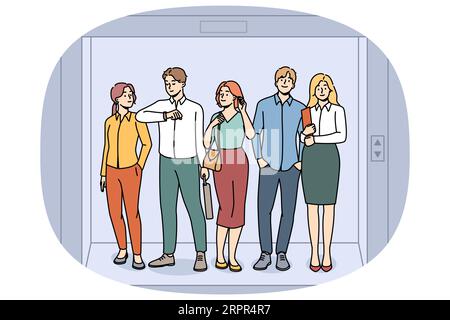 Gli uomini d'affari levigano insieme in ascensore. I dipendenti o i colleghi sono in attesa in ascensore in ufficio. Lavoro di squadra. Illustrazione vettoriale. Illustrazione Vettoriale