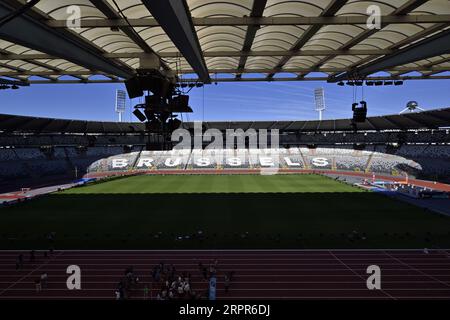 Bruxelles, Belgio. 5 settembre 2023. L'immagine mostra lo stadio durante l'inaugurazione della nuova pista presso lo stadio King Baudouin/ Koning Boudewijnstadion/ Stade ROI Baudouin, a Bruxelles, martedì 05 settembre 2023. La 47a edizione del Memorial Van Damme Diamond League Meeting si svolge l'8 settembre 2O23. BELGA PHOTO ERIC LALMAND Credit: Belga News Agency/Alamy Live News Foto Stock