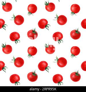 Motivo acquerello senza cuciture con pomodori ciliegini. Illustrazione disegnata a mano per il confezionamento, la carta da parati, il tessuto, il tessuto Foto Stock