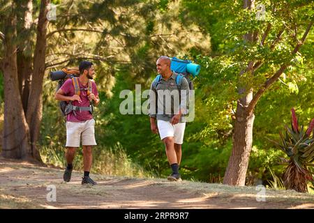 Due amici maschi con zaini in vacanza, escursioni in campagna insieme Foto Stock