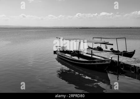 Valencia, Spagna - 15 agosto 2023: Barche da pesca tradizionali ormeggiate al molo della laguna dell'Albufera a Valencia, Spagna Foto Stock