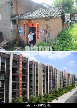 200402 -- NANNING, 2 aprile 2020 Xinhua -- la foto combinata mostra l'abitante Yang Jinsheng che guarda la sua ex residenza il 24 agosto 2018 in alto, foto del file, e una vista di un sito di delocalizzazione in cui vive l'abitante del villaggio Yang Jinsheng il 14 agosto 2019 in fondo, foto scattata da Cao Yiming nella contea di Xingye, nella regione autonoma di Guangxi Zhuang nel sud della Cina. La regione autonoma di Guangxi Zhuang, una regione chiave degli sforzi contro la povertà in Cina, ha comportato l'identificazione e la creazione di file per circa 710.000 persone trasferite da aree inospitali durante il tredicesimo periodo del piano quinquennale 2016-2020 come un programma chiave di battaglia Foto Stock