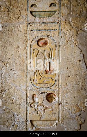 Antico Egitto. Frammenti di disegni e geroglifici sulle pareti. Primo piano. Foto Stock