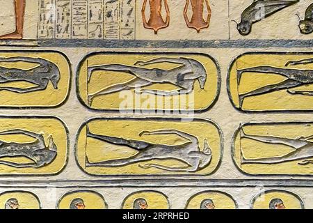 Antico Egitto. Frammenti di disegni e geroglifici sulle pareti. Primo piano. Foto Stock