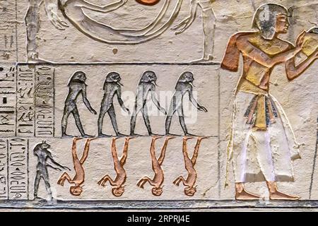 Antico Egitto. Frammenti di disegni e geroglifici sulle pareti. Primo piano. Foto Stock