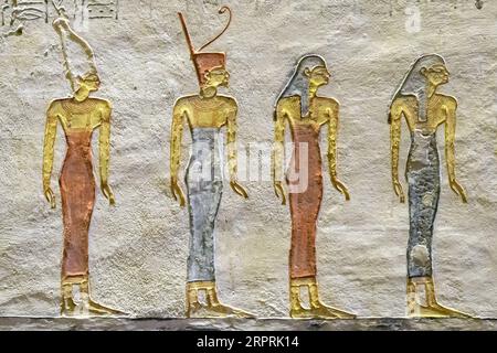 Antico Egitto. Frammenti di disegni e geroglifici sulle pareti. Primo piano. Foto Stock