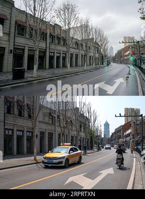 200408 -- WUHAN, 8 aprile 2020 -- la foto combinata mostra Zhongshan Avenue a Wuhan, nella provincia di Hubei della Cina centrale, il 26 gennaio 2020 in alto e l'8 aprile 2020. Con le lunghe code di automobili che scorrono attraverso i caselli autostradali e i passeggeri mascherati che si imbarcano sui treni, la megalopoli di Wuhan nella Cina centrale ha revocato mercoledì le restrizioni di viaggio in uscita dopo quasi 11 settimane di blocco imposte per arginare l’epidemia di COVID-19 CINA-HUBEI-WUHAN-RIPRENDENDO LA VITA CN XiongxQi PUBLICATIONNOTxINxCHN Foto Stock