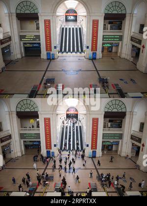 200408 -- WUHAN, 8 aprile 2020 -- la foto combinata mostra la vista della sala d'ingresso della stazione ferroviaria di Hankou a Wuhan, nella provincia di Hubei della Cina centrale, il 7 aprile 2020 superiore e l'8 aprile 2020. Con le lunghe code di automobili che scorrono attraverso i caselli autostradali e i passeggeri mascherati che si imbarcano sui treni, la megalopoli di Wuhan nella Cina centrale ha revocato mercoledì le restrizioni di viaggio in uscita dopo quasi 11 settimane di blocco imposte per arginare l’epidemia di COVID-19 CHINA-HUBEI-WUHAN-LIFE-RIPRESA CN XiaoxYijiu PUBLICATIONxNOTxINxCHN Foto Stock