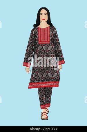 ragazza sindhi che porta il concetto di ajrak, shalwar kameez Illustrazione Vettoriale