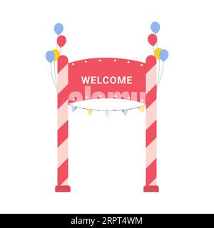 Arco di ingresso Circus con palloncini. Ingresso al parco divertimenti, carnevale con cartoni animati e illustrazione vettoriale Illustrazione Vettoriale