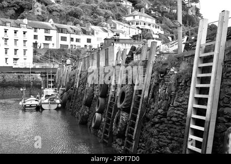 Le pareti del porto di Polperro hanno scale, pneumatici e scalini per aiutare i pescatori ad accedere al molo sopra in bassa marea. Foto Stock