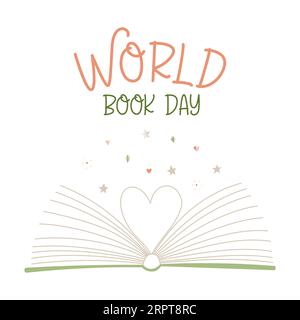 Biglietto d'auguri per la giornata mondiale del libro. Libro aperto con pagine piegate a forma di cuore. Decorazione per il giorno dell'alfabetizzazione. Isolante per illustrazione vettoriale piatta semplice Illustrazione Vettoriale