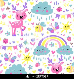 Animaletti simpatici per bambini con nuvola, arcobaleno, frutti di bosco e fiori, sfondo del bambino senza cuciture. Tessuto vettoriale per bambini. Illustrazione Vettoriale
