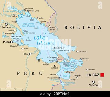 Lago Titicaca, mappa politica. Grande lago d'acqua dolce nelle Ande al confine tra Bolivia e Perù. Spesso chiamato il lago navigabile più alto. Foto Stock