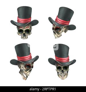 Teschi umani decorati con un cappello nero con un nastro rosso. Illustrazione ad acquerello disegnata a mano per il giorno dei morti, halloween, dia de los muertos Foto Stock