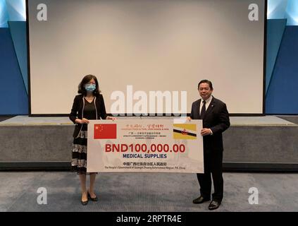200417 -- BANDAR SERI BEGAWAN, 17 APRILE 2020 -- Yu Hong L, l'ambasciatore cinese in Brunei, trasferisce le forniture mediche donate dalla regione autonoma cinese Guangxi Zhuang al ministro del Brunei presso l'ufficio del primo ministro e secondo ministro delle finanze e dell'economia Haji Mohd Amin Liew Abdullah a Bandar seri Begawan, Brunei, 16 aprile 2020. ANDARE CON il Brunei riceve donazioni mediche dal Guangxi cinese . BRUNEI-BANDAR SERI BEGAWAN-CINA-DONAZIONE XUEXFEI PUBLICATIONXNOTXINXCHN Foto Stock