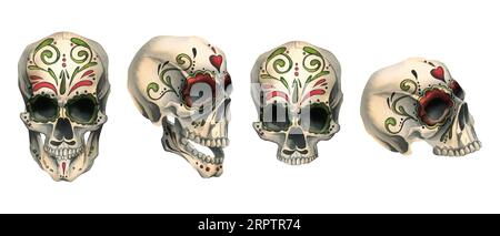 Il profilo e la parte anteriore dei teschi umani con un ornamento dipinto sono malvagi, terribili. Illustrazione ad acquerello disegnata a mano per Day of the Dead, halloween, dia de Foto Stock