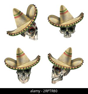 Un teschio umano con un ornamento in un cappello sombrero. Illustrazione ad acquerello disegnata a mano per il giorno dei morti, halloween, dia de los muertos. Set di Foto Stock