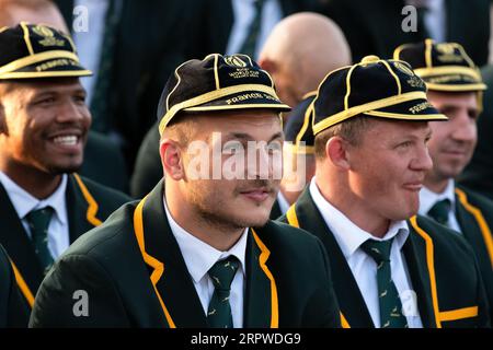 Tolone, Francia. 4 settembre 2023. André Esterhuizen (centro) visto alla cerimonia. La cerimonia ufficiale di benvenuto della Nazionale sudafricana di Rugby alla Coppa del mondo di rugby 2023 si è svolta a Tolone, nel sud della Francia, il campo base della squadra durante la fase di eliminazione a gruppi. (Foto di Laurent Coust/SOPA Images/Sipa USA) credito: SIPA USA/Alamy Live News Foto Stock