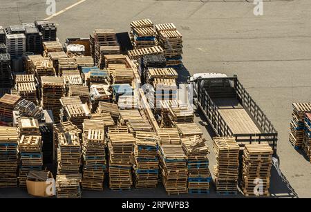 San Francisco, CA, USA - 13 luglio 2023: Dopo aver caricato una nave, nel porto al molo sono presenti pile di pallet di legno vuoti gialli o blu. Carrello pronto a caricarne alcuni Foto Stock