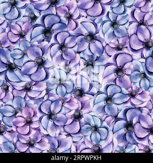 Sfondo con motivo senza cuciture anemone e acquerello dipinto a mano. Stampa ripetuta con fioritura per la carta da imballaggio, i tessuti e le carte da parati. Elegante Foto Stock