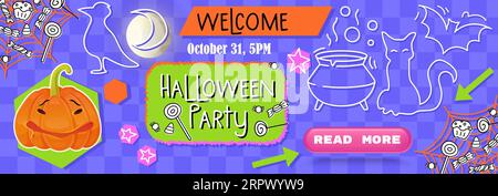 Striscione neon psichedelico arancione viola di halloween con elementi doodle. Illustrazione vettoriale in stile scanalato. Illustrazione Vettoriale