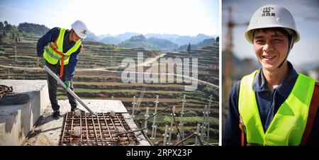 200503 -- ZUNYI, 3 maggio 2020 -- foto combinata scattata il 3 maggio 2020 mostra il pontefice Zhang Yuzhi che lavora a sinistra e posa per una foto nel cantiere della superstrada Renhuai-Zunyi a Zunyi, nella provincia di Guizhou nella Cina sud-occidentale. Zhang, 26 anni, della contea di Yingjiang, nella provincia dello Yunnan, ha lavorato come impalcatura per quasi 3 anni. Molti giovani lavoratori sono rimasti fedeli alle loro posizioni durante la festa del Labor Day. CHINA-GUIZHOU-ZUNYI-EXPRESSWAY-CONSTRUCTION-YOUTH DAY CN LIUXXU PUBLICATIONXNOTXINXCHN Foto Stock