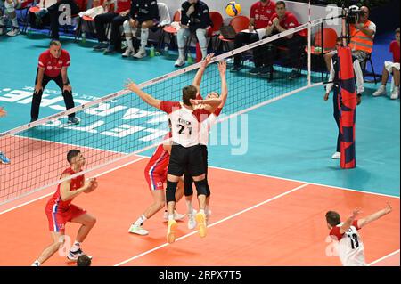 Ancona, Italia. 5 settembre 2023. L'attacco della Germania durante la Germania contro la Serbia, CEV Eurovolley Men Match ad Ancona, Italia, 05 settembre 2023 credito: Independent Photo Agency/Alamy Live News Foto Stock