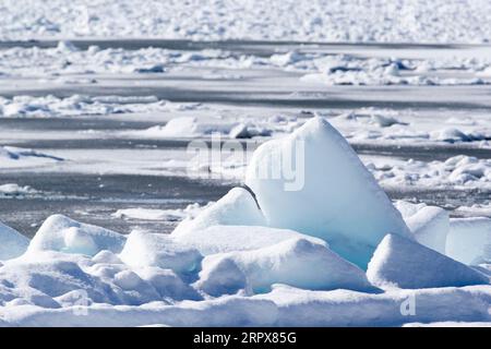 Iceberg che si spostano in mare al largo della costa di Hokkaido in inverno. Isola di Hokkaido, Giappone Foto Stock