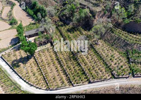 200525 -- KELAN, 25 maggio 2020 -- foto aerea scattata il 20 maggio 2020 mostra l'ex sito del villaggio di Zhaojiawa nella contea di Kelan della città di Xinzhou, nella provincia dello Shanxi nella Cina settentrionale. Il villaggio di Zhaojiawa era un villaggio gravemente impoverito situato nei monti Lyuliang, con scarsa produzione e condizioni di vita. Villager Cao Liuren e sua moglie vivevano in una vecchia casa malandata nel villaggio di Zhaojiawa, e uscire dalle montagne era il loro più grande desiderio. Il 22 settembre 2017, 21 abitanti del villaggio di 6 famiglie del villaggio di Zhaojiawa, tra cui Cao Liuren, si trasferirono nell'area di trasferimento di soccorso alla povertà di Guanghuiyuan, a Foto Stock