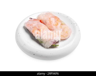 Deliziosi involtini primavera con gamberi avvolti in carta di riso su sfondo bianco Foto Stock